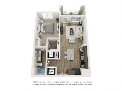 Floor plan for 1 bed, 1 bath, 749 sqft
